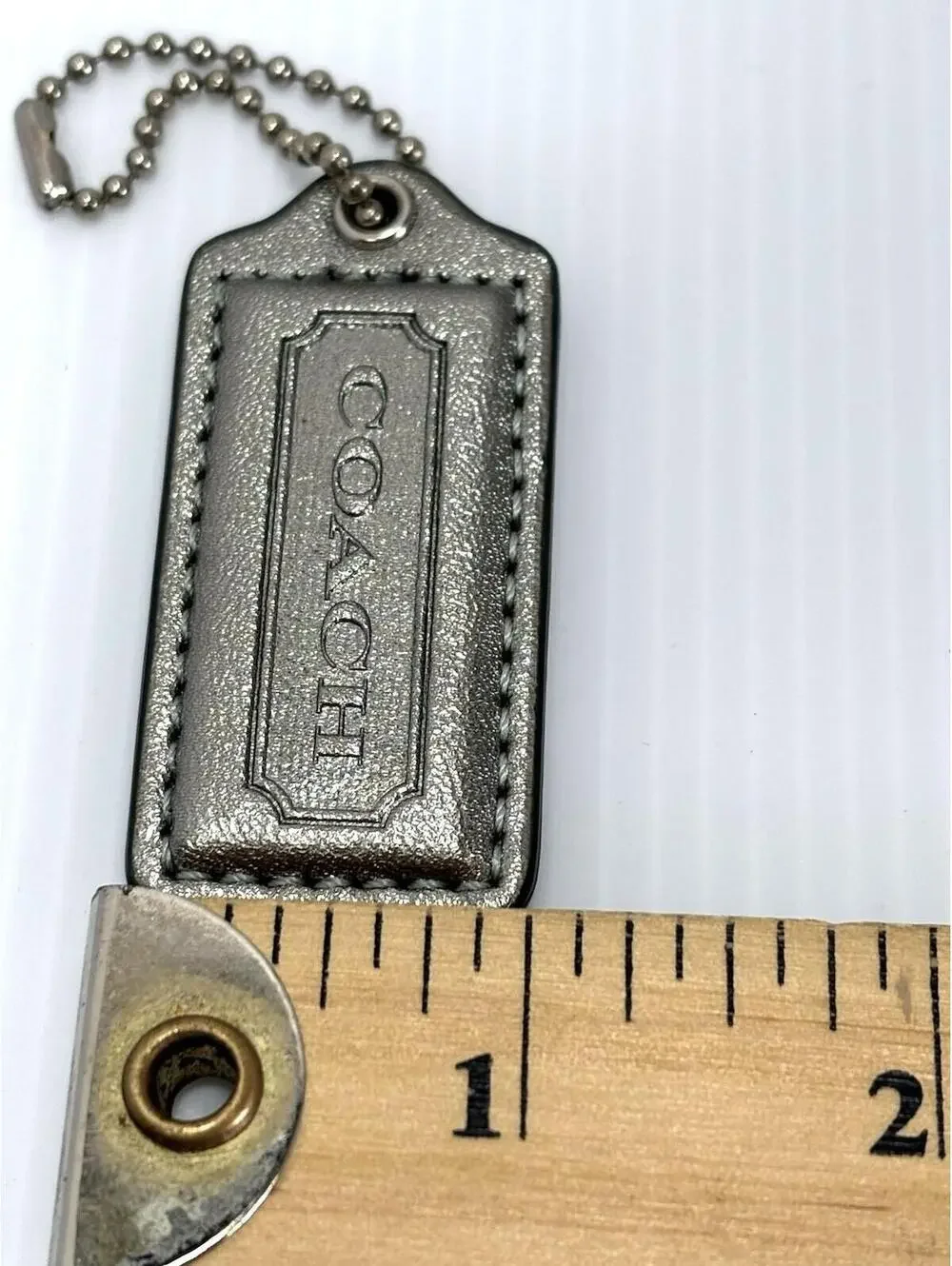 Coach Silver Metallic Leather Keychain Bag Charm Purse Chain Hang Tag Accessory